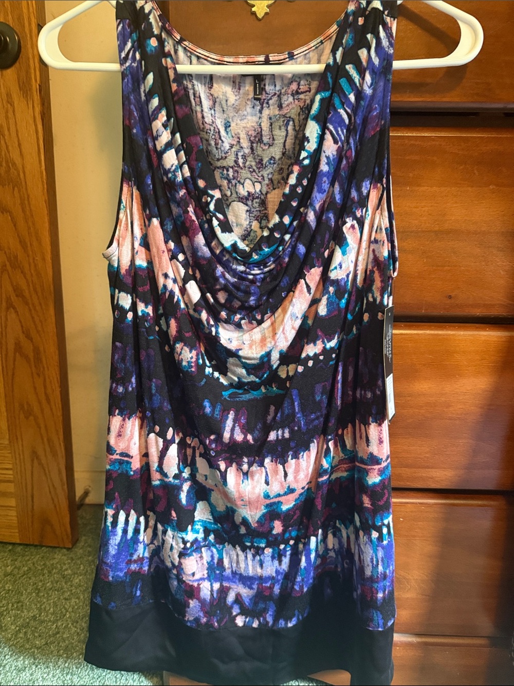 Daisy Fuentes Sleeveless Cowl Neck Print Tank Top - Black & Multicolor NWT Large